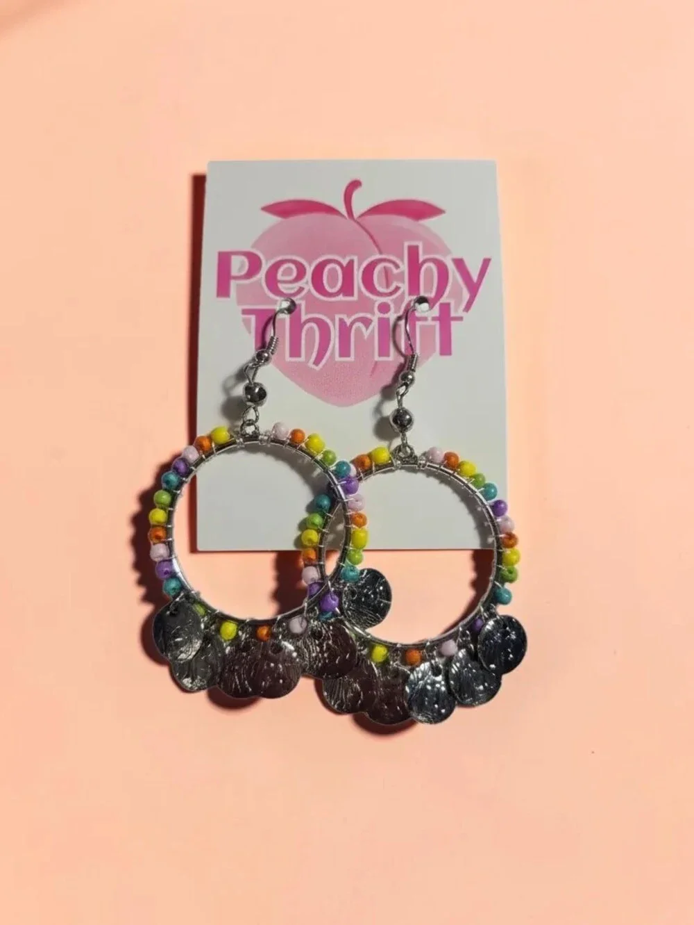 Rainbow Beaded Hoop Dangles with Silver Coin Drops